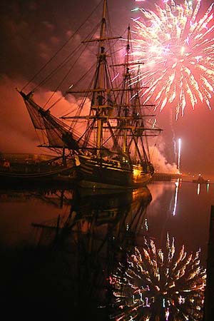 Fireworks around a ship