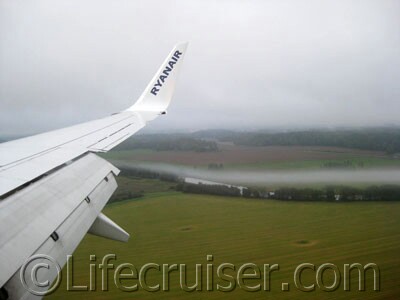 Ryanair airplane wing at landing in Stockholm Skavsta