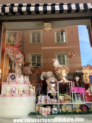 Stockholm makeup and wig shop window, Sweden