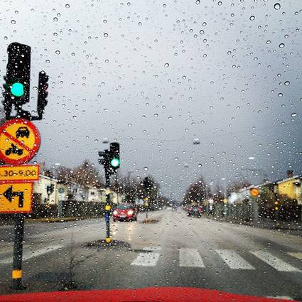 Sweden: Stockholm road view with raindrops